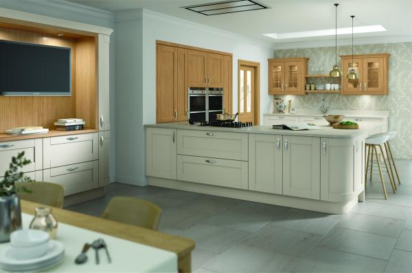 Stunning shaker style solid wood kitchen in Mussel and Oak Get this kitchen for just £8,200